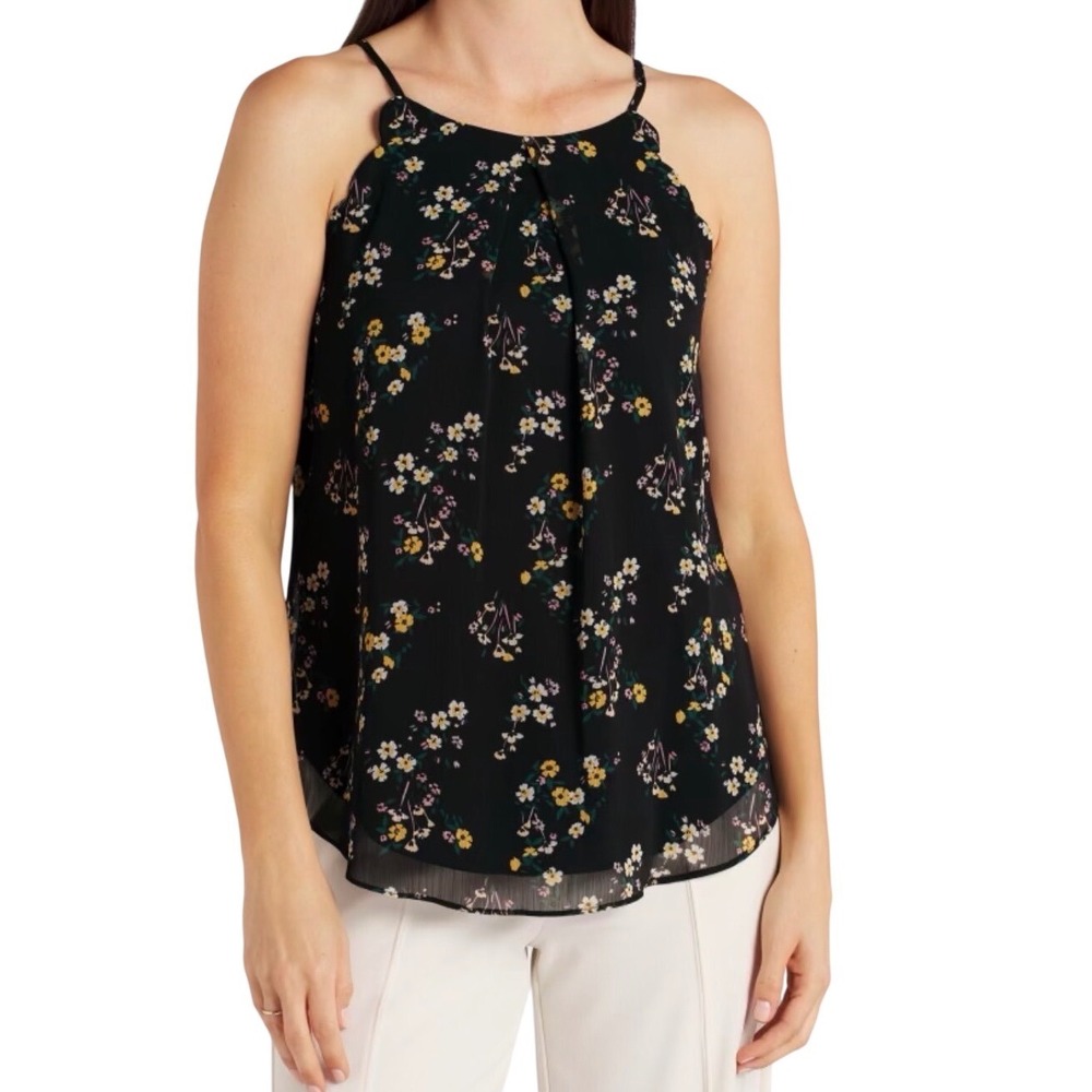 Fortune + Ivy Womens Black Floral Scalloped‎ Halter Blouse Size L